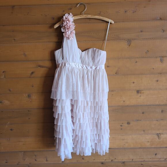 H&M One Shoulder Tiered Ruffle Pink Tulle Dress Medium Boho Bridesmaid Pastel - Picture 2 of 5